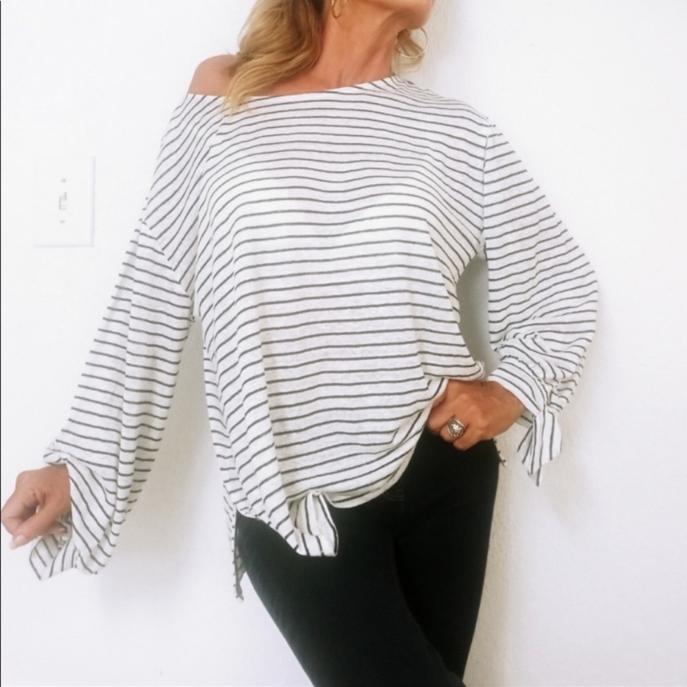 JOIE Linen Top Nautical Striped Balloon Tie Sleeve Small